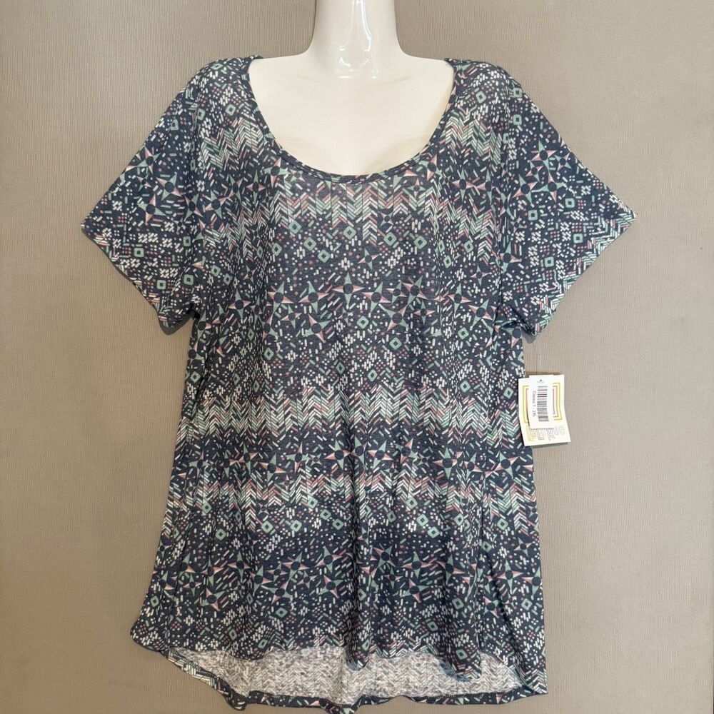 LulaRoe Classic T-Shirt 2XL Green Blue Womens Short Sleeve Linen Blnd Scoop Neck